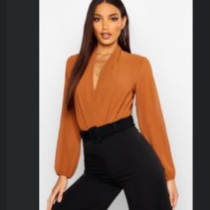 Drape Chiffon Long Sleeve Woven Bodysuit